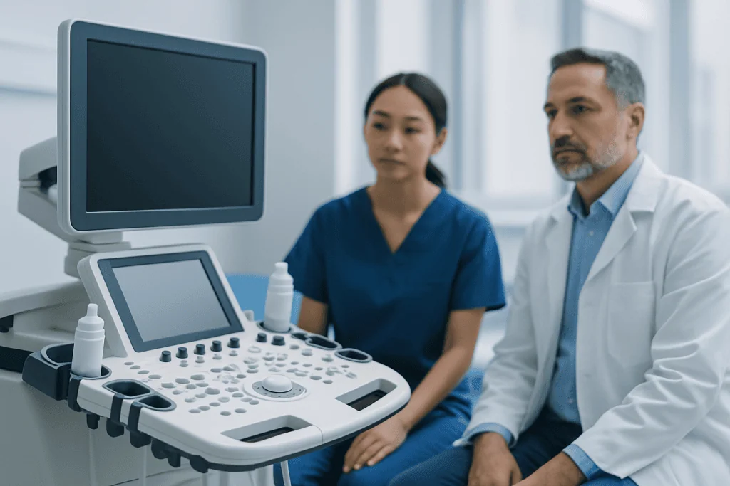 Medical professionals with ultrasound equipment in a clinical setting.