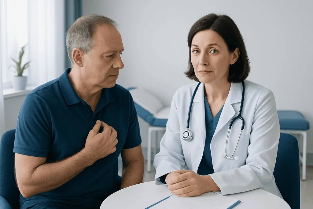 Doctor consulting with a middle-aged male patient about shingles symptoms.