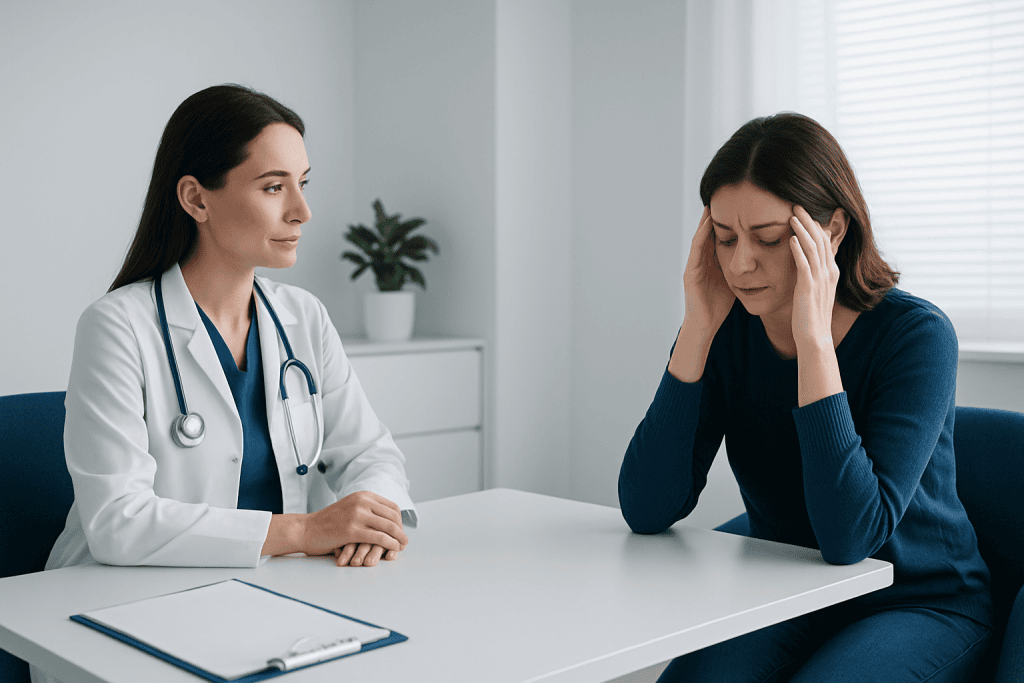 Doctor consulting with a woman experiencing headache symptoms in a clinical setting.