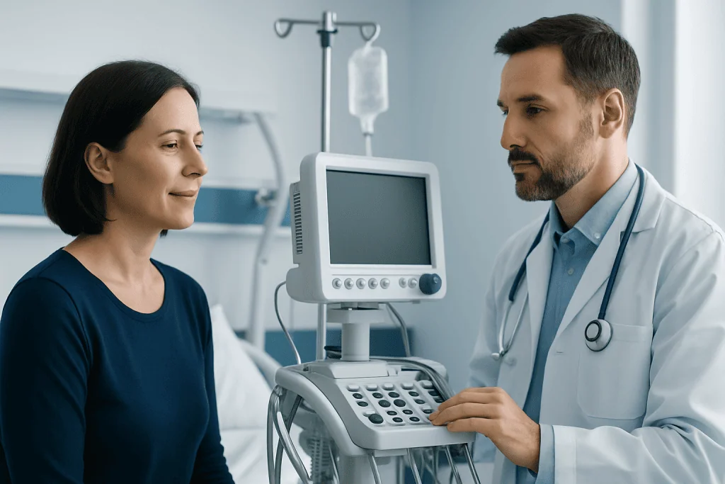 Doctor explaining medical results to a patient in hospital room.
