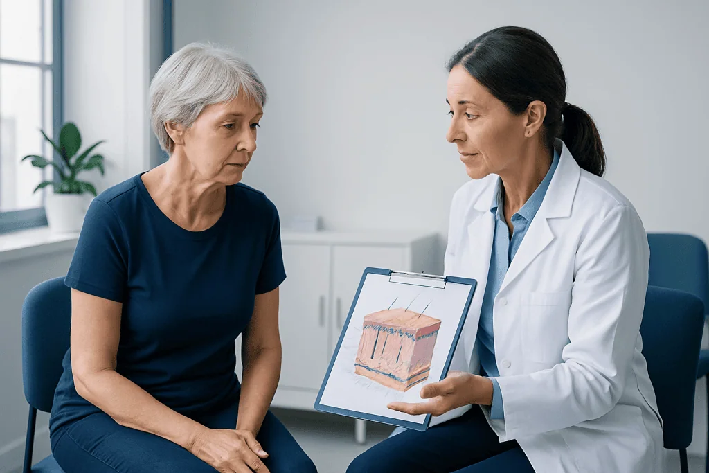 Doctor explaining skin layers to an elderly patient in a consultation room.