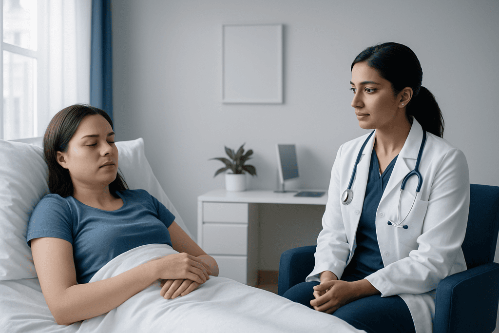 Doctor consulting with a patient in a hospital room.