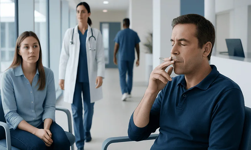 Man smoking in a hospital corridor with medical staff nearby.