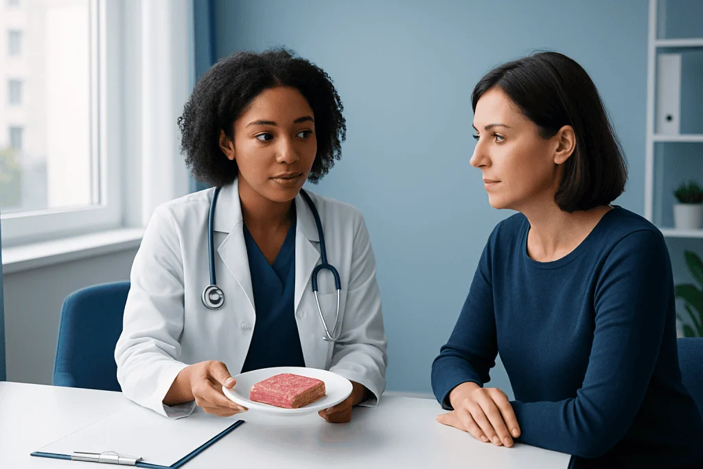 Doctor explaining about corned beef to a patient in a medical consultation.