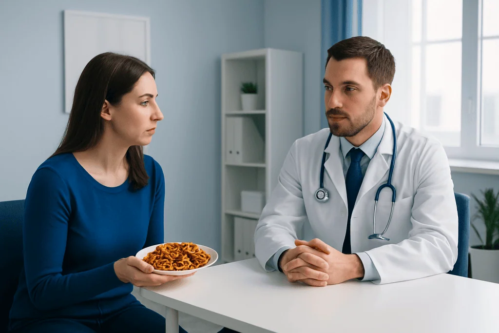 Doctor discussing health with woman holding a plate of pretzels in a clinic.