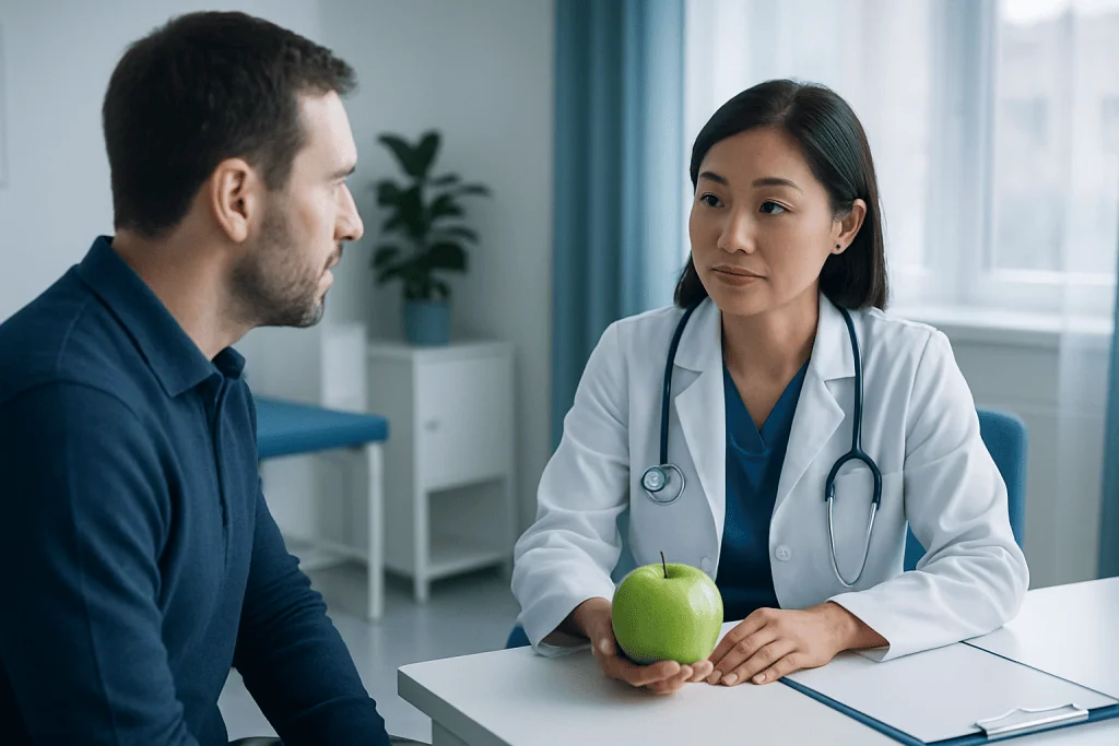 Doctor consulting with patient about health in a modern clinic setting.