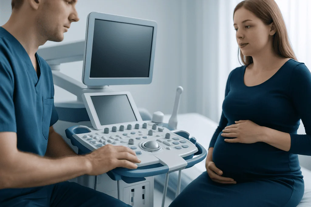 Pregnant woman at a medical ultrasound appointment with a healthcare professional.