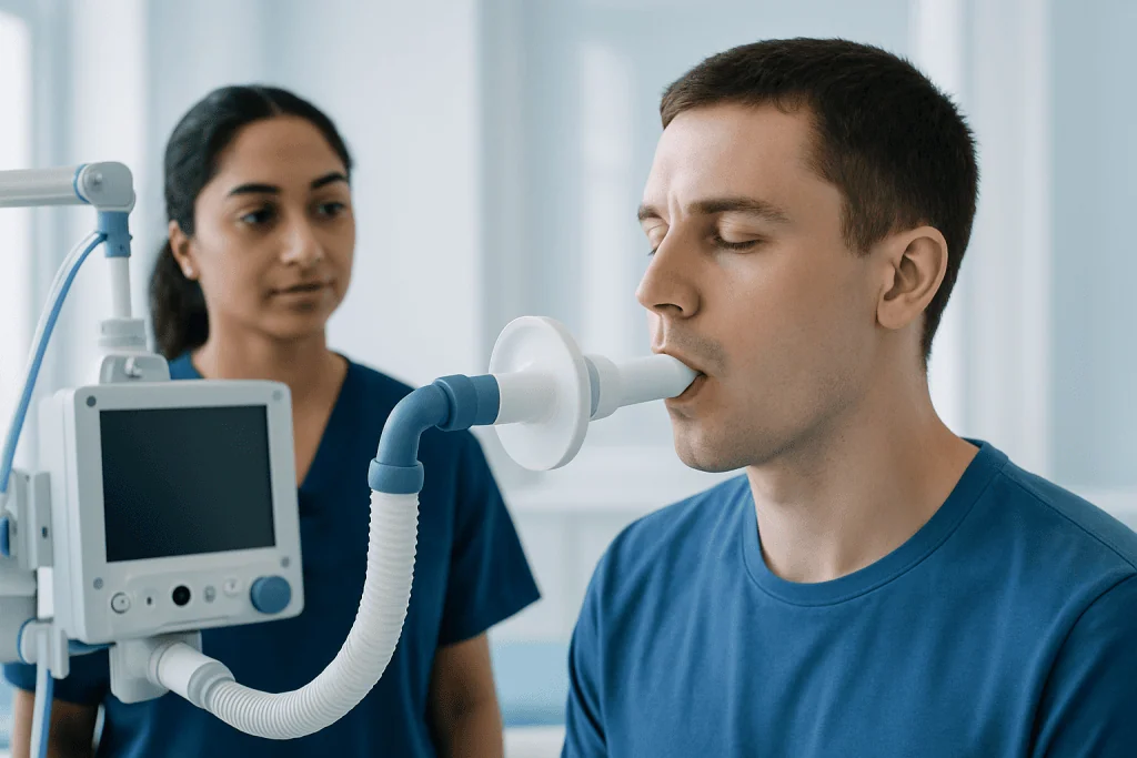 Patient undergoing spirometry test at Acibadem Hospital for respiratory assessment.