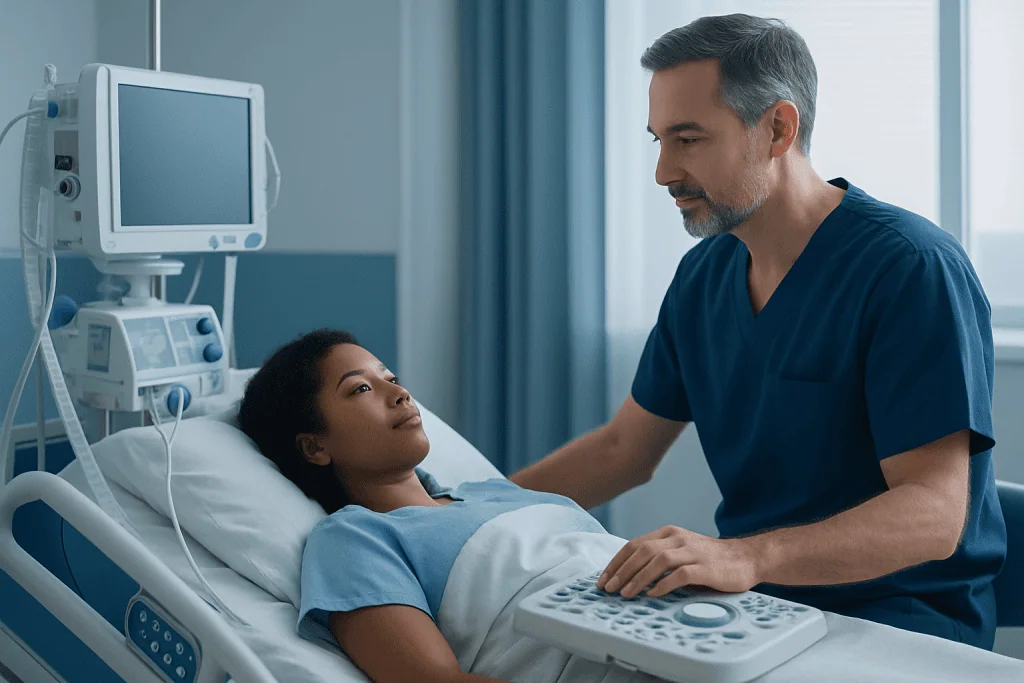 Doctor consulting with a patient in a hospital room.