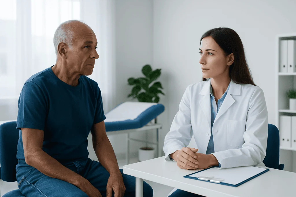Doctor consulting with an elderly male patient in a medical office.