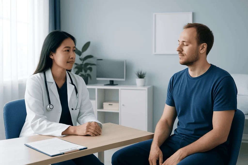 Doctor consulting with patient in a medical office setting.