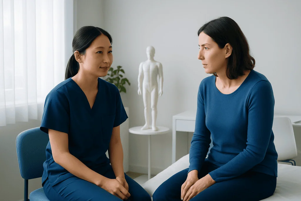 Doctor and patient discussing acupuncture in a clinic setting.