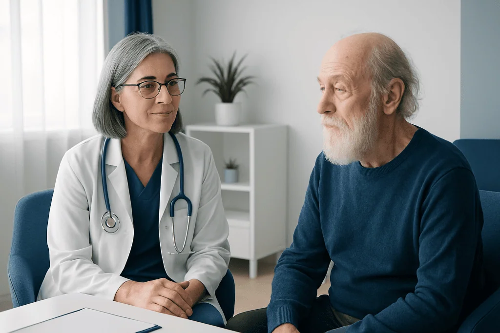 Doctor consulting with elderly patient in a medical office.