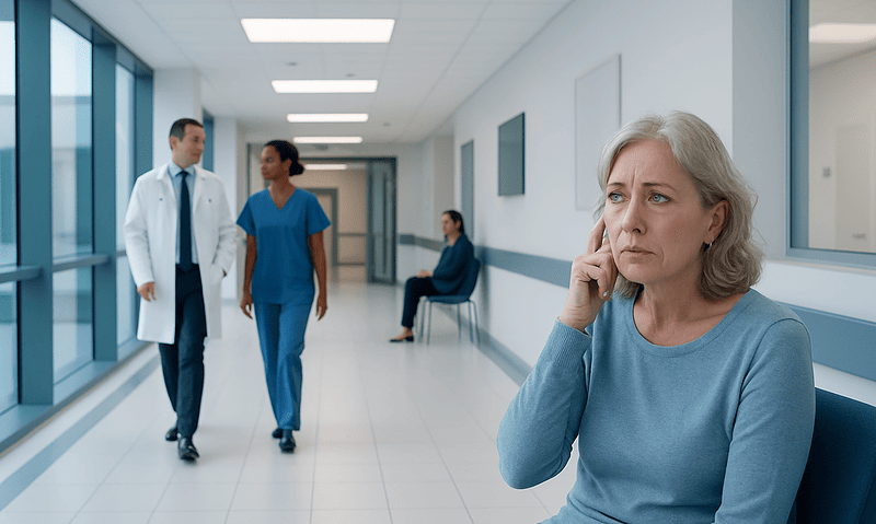 When Someone Thinks They Hear People Talking When It's Quiet? A Doctor-Reviewed Answer 9 Elderly woman experiencing hearing issues in hospital corridor.