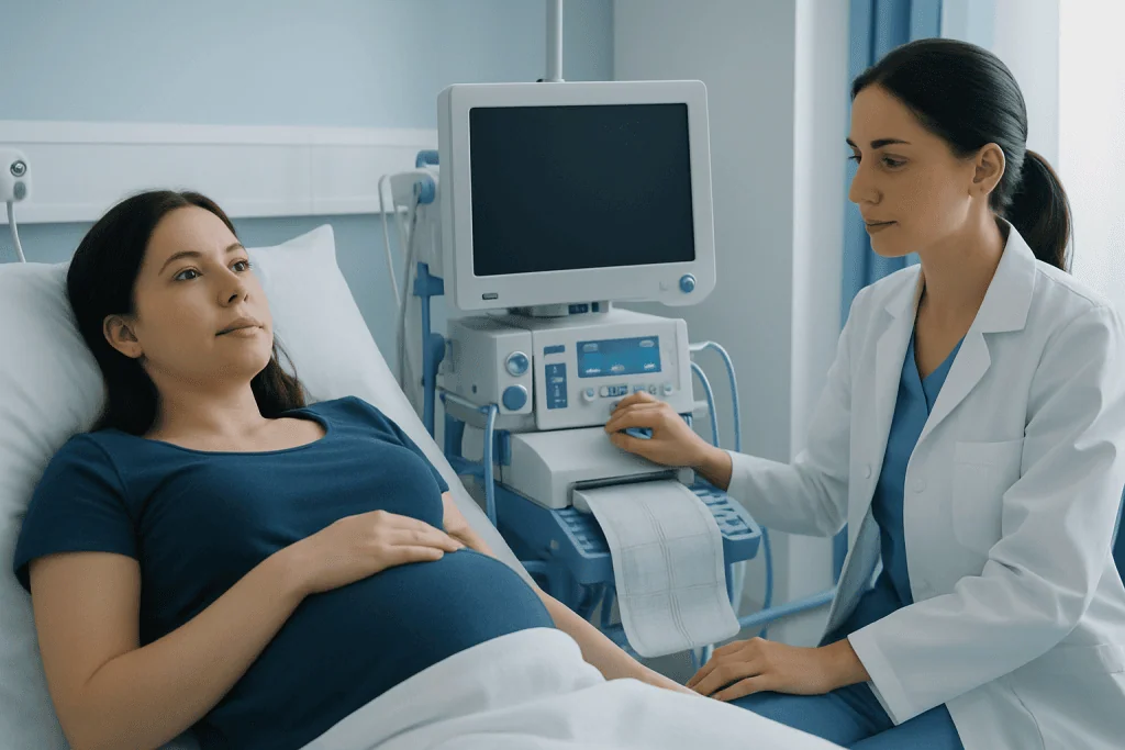 Pregnant woman in hospital bed with doctor and ultrasound machine.