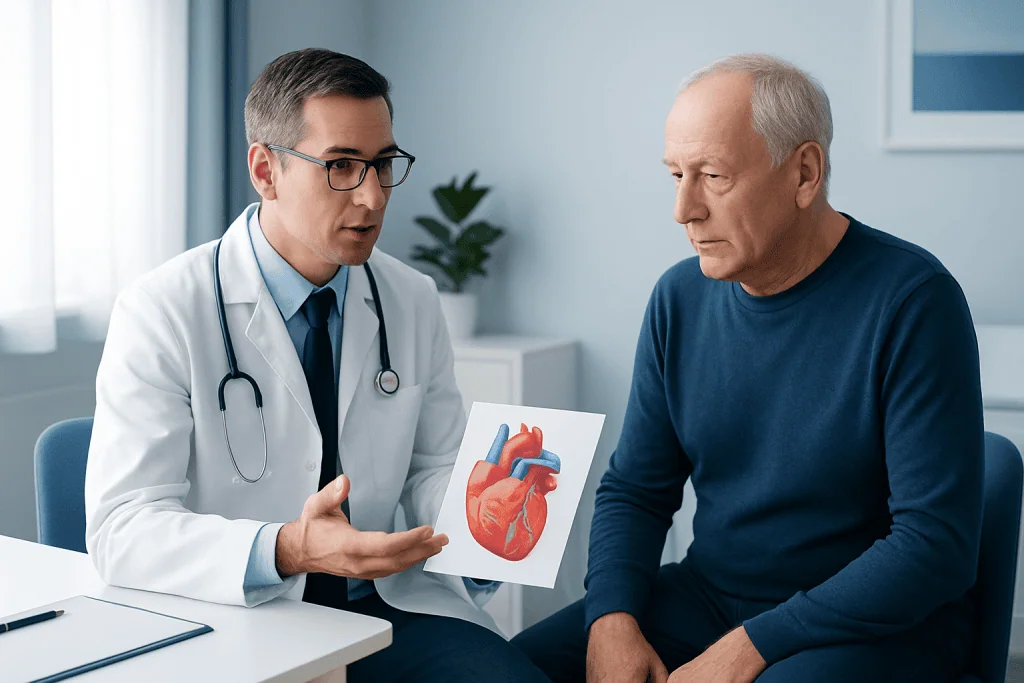 Cardiologist explaining heart diagram to senior male patient in consultation room.