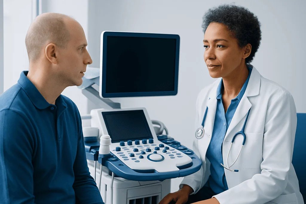 Doctor consulting patient in a medical examination room.