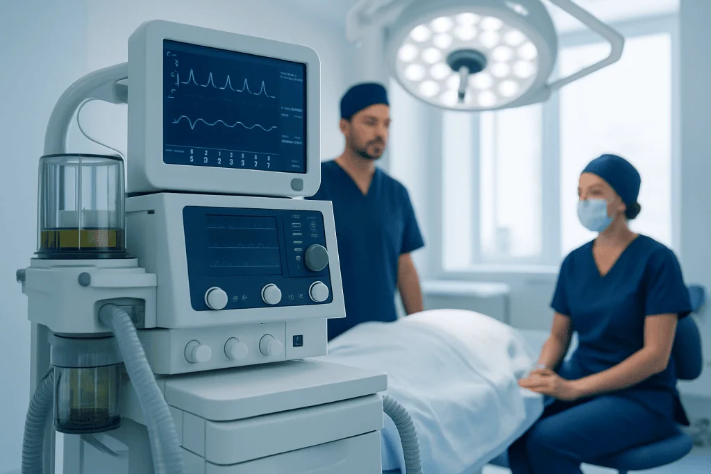 Medical ventilator in hospital room with healthcare professionals in background.