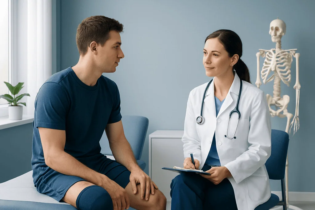 Doctor consulting a young male patient in a medical office.