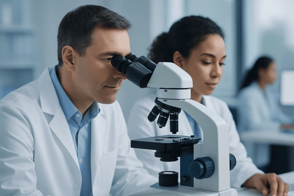 Scientists examining samples with a microscope in a laboratory setting.