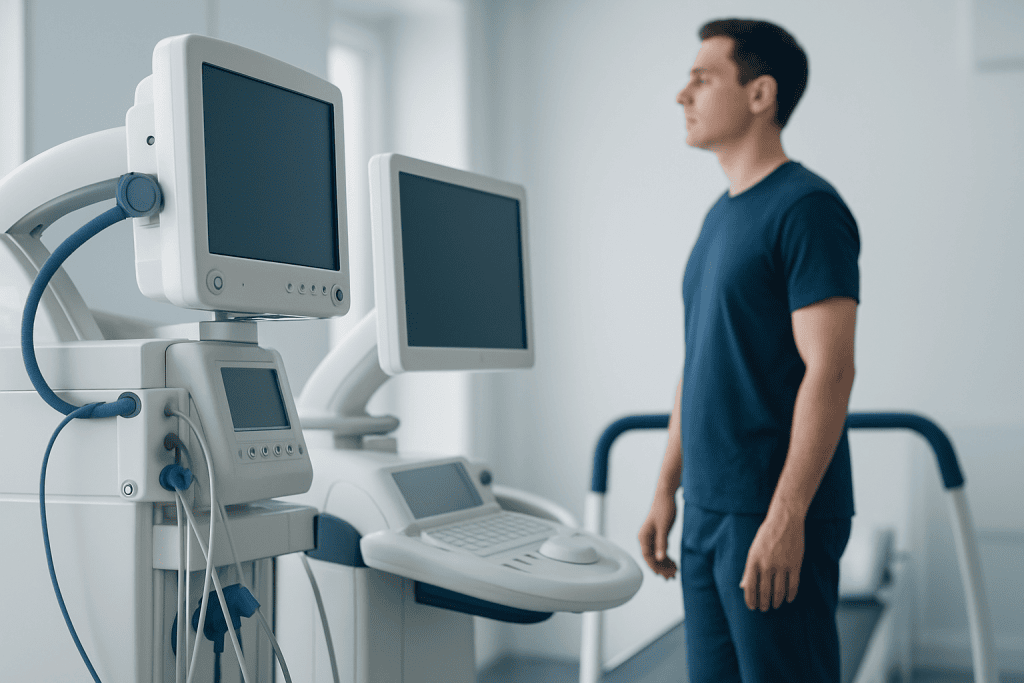 Medical professional in a hospital room with advanced monitoring equipment.