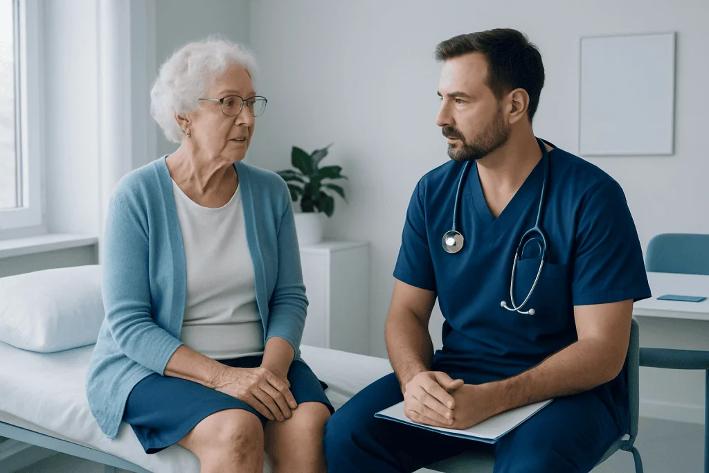 Doctor consulting with elderly patient in a medical office.