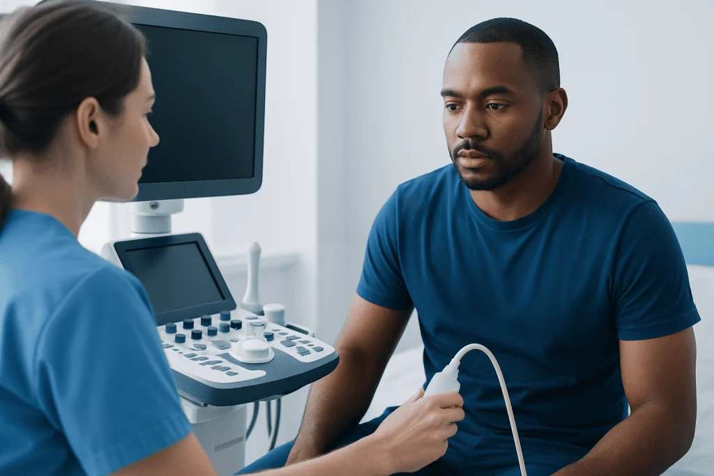Doctor performing an ultrasound examination on a patient in a clinical setting.