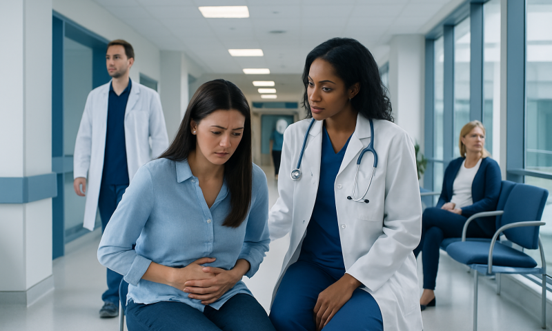 Female patient experiencing stomach pain during a medical consultation.
