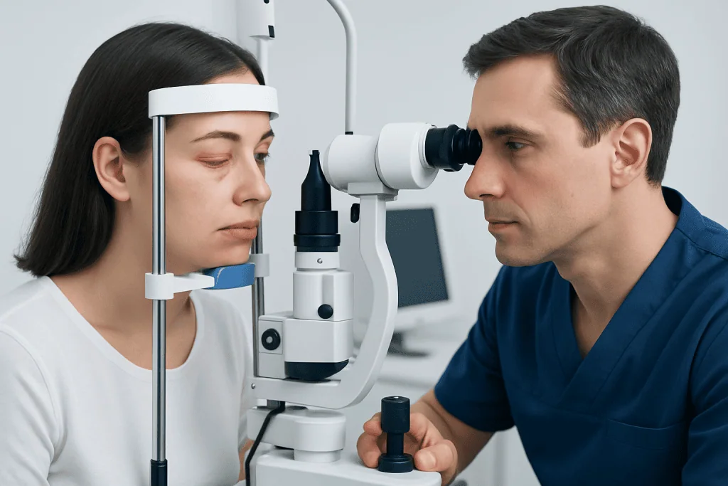 Ophthalmologist examining a patient's eye with a slit lamp microscope.