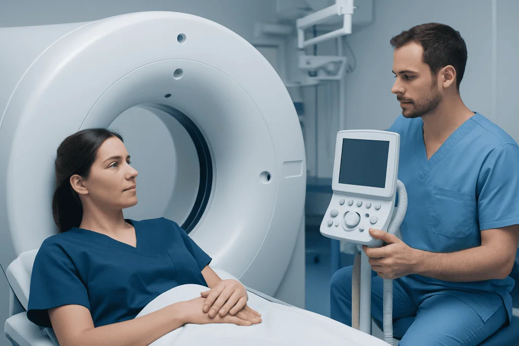 Medical professional preparing patient for CT scan at Acibadem Hospital.