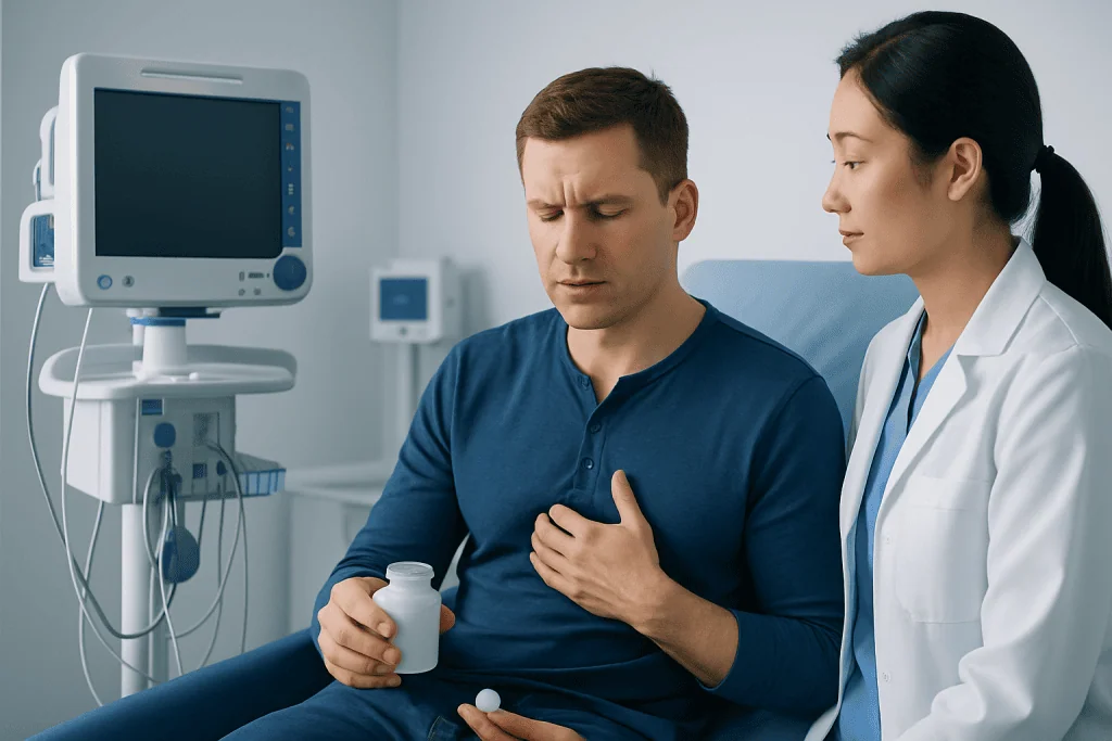 Patient experiencing chest pain during medical consultation at Acibadem Hospital.