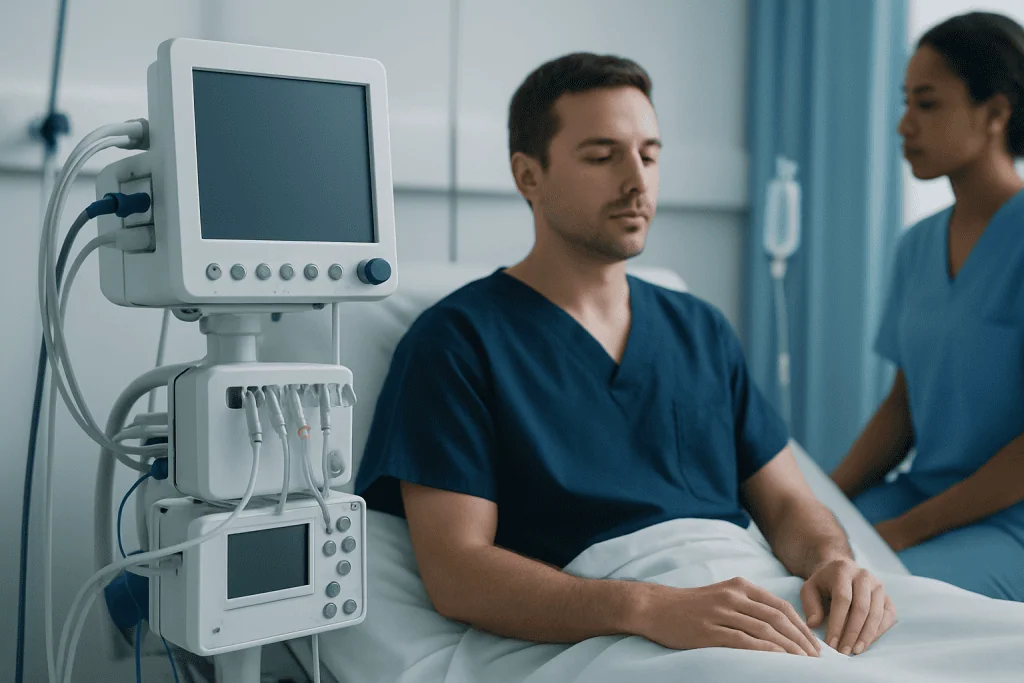 Patient in hospital bed with medical monitors and healthcare staff nearby.
