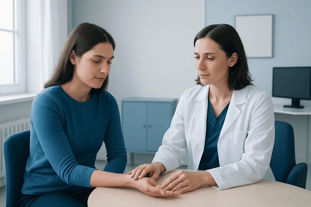 Doctor consulting with a patient about skin health in a clinical setting.