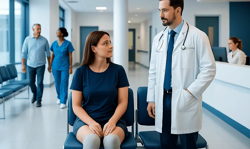 Doctor consulting a patient in hospital corridor with medical staff in background.