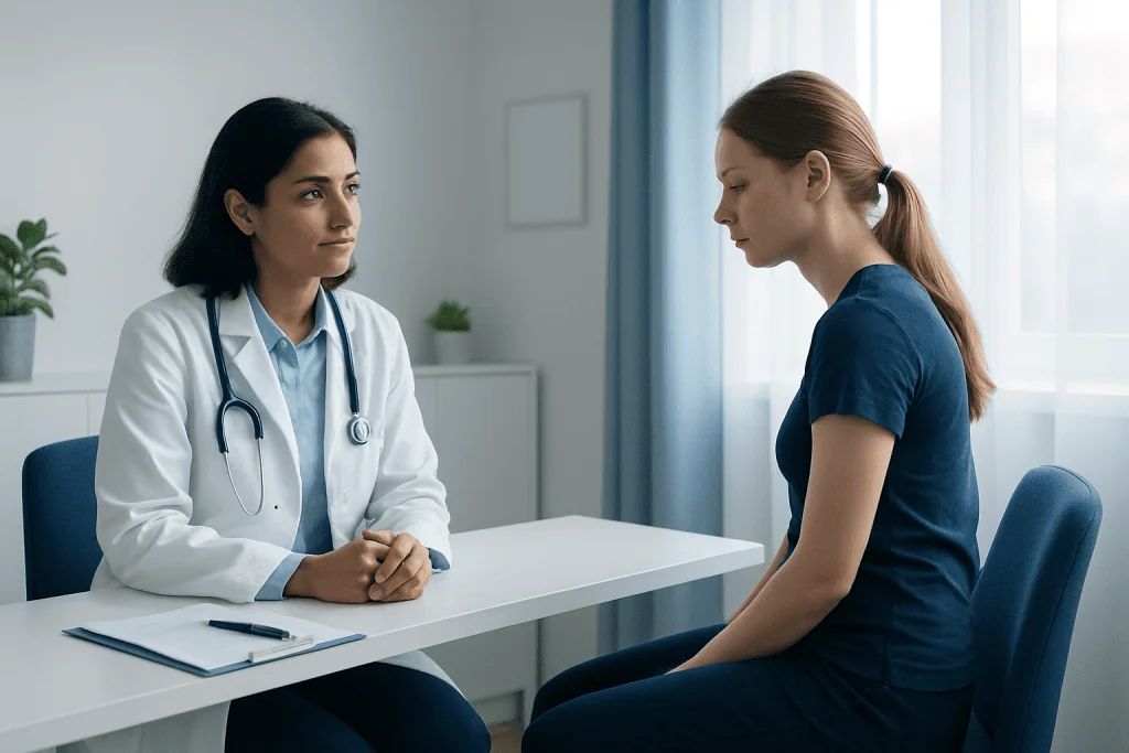 Doctor consulting with a patient about posture and back health.