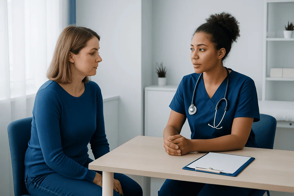 Doctor consulting with a patient in a medical office setting.