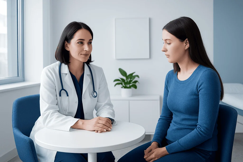 Doctor consulting with a patient in a modern clinic setting.