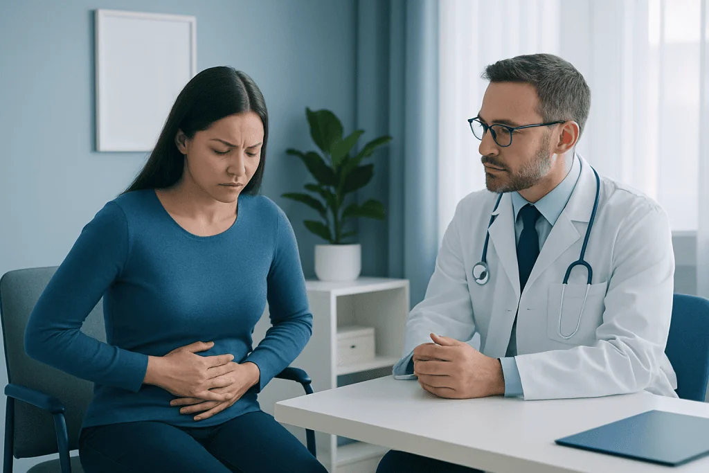 Doctor consulting female patient with stomach pain in clinic.