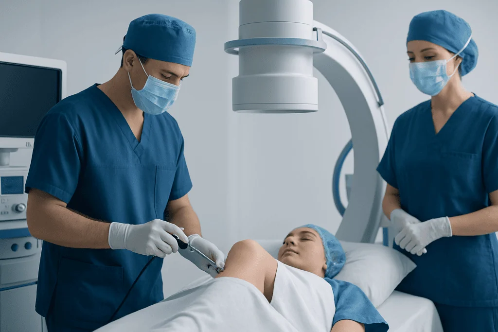 Surgeons perform synovectomy procedure in a hospital operating room.
