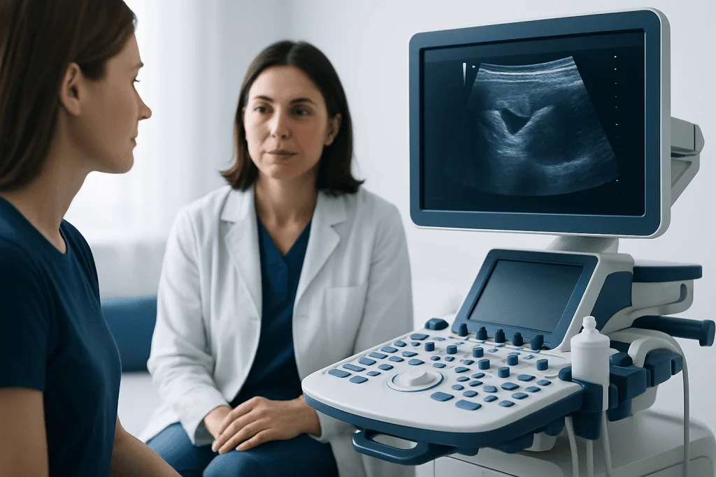 Doctor explaining ultrasound scan to patient at Acibadem Hospital.