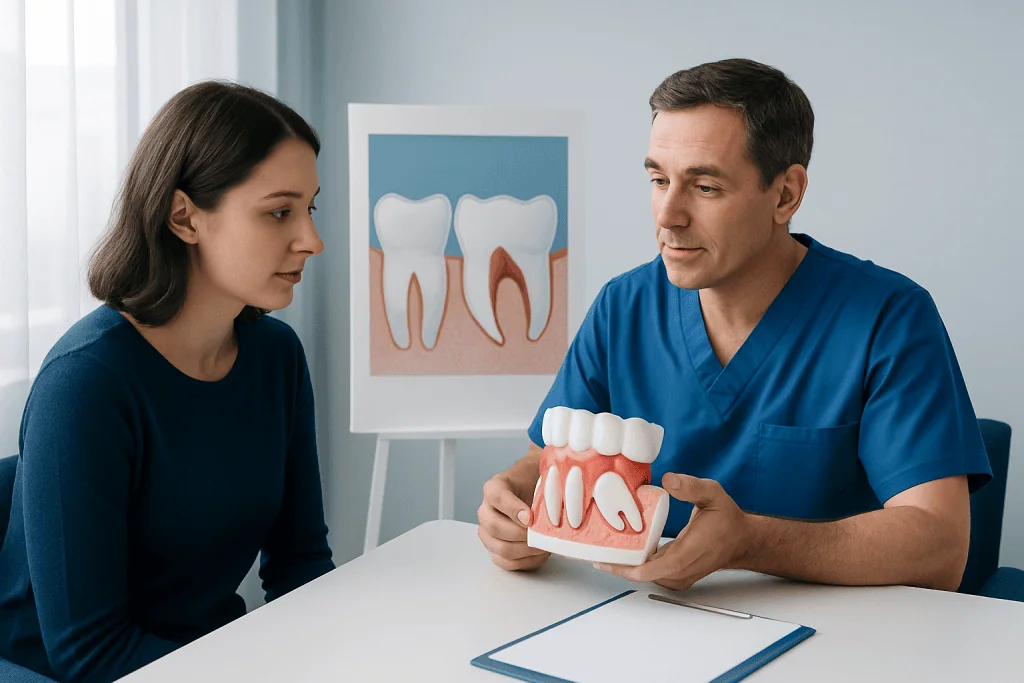 Dentist explaining impacted tooth to patient with dental model and diagram.