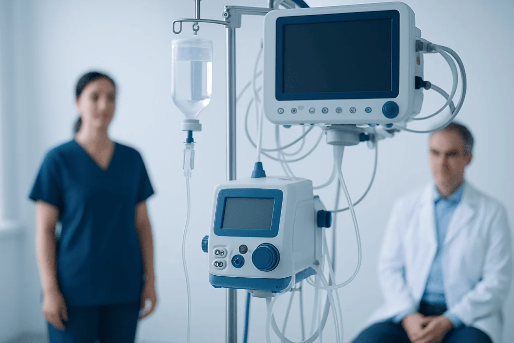 Medical monitoring equipment in a hospital setting with healthcare professionals in the background.