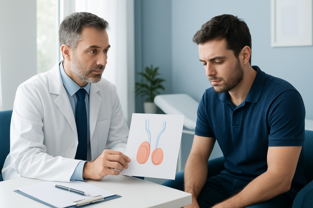 Doctor explaining testicular diagram to patient in consultation room.