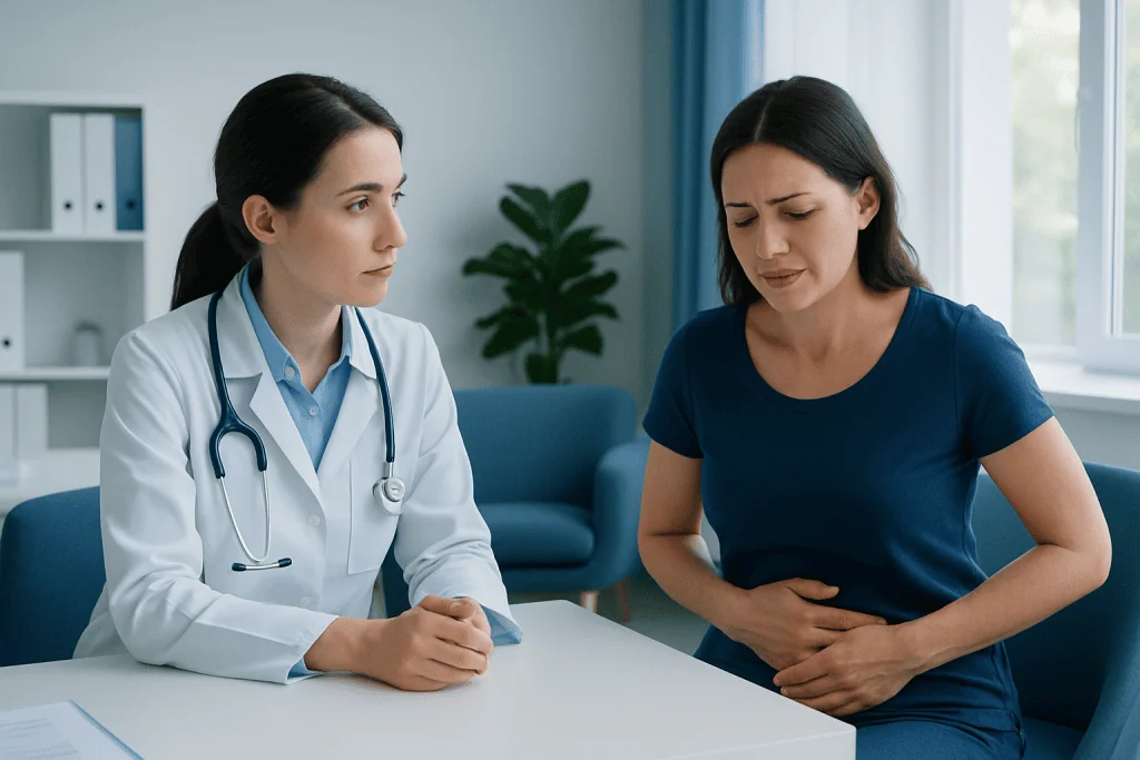 Doctor consulting with a woman experiencing stomach discomfort in a medical office.