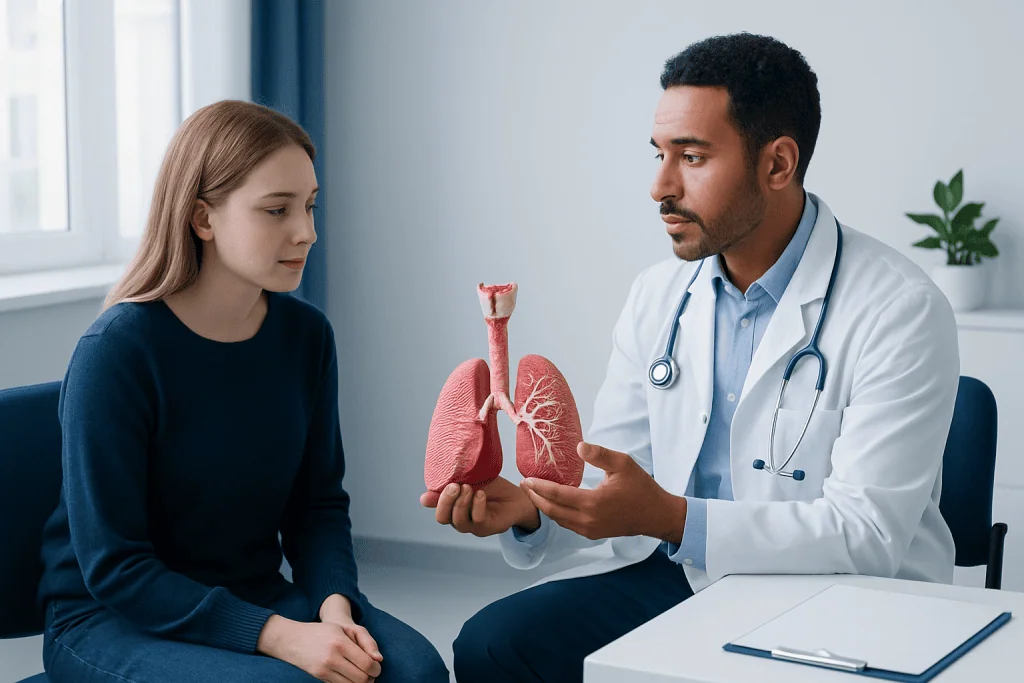 Doctor explaining respiratory system to young patient with lung model.