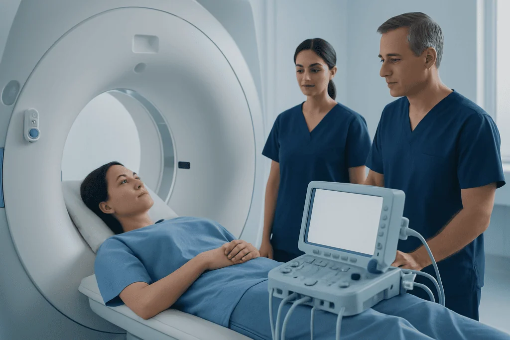 Patient undergoing MRI scan at Acibadem Hospital with medical staff present.