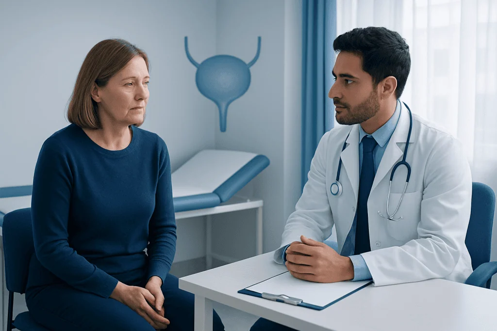 Urologist consulting with a female patient in a medical office.