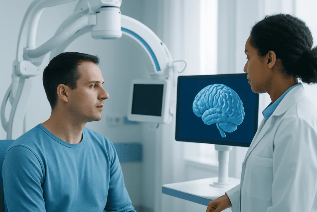 Doctor explaining brain scan to patient in medical facility.
