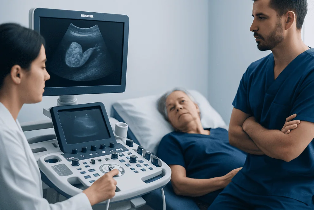 Doctor performing ultrasound examination on elderly patient in hospital.