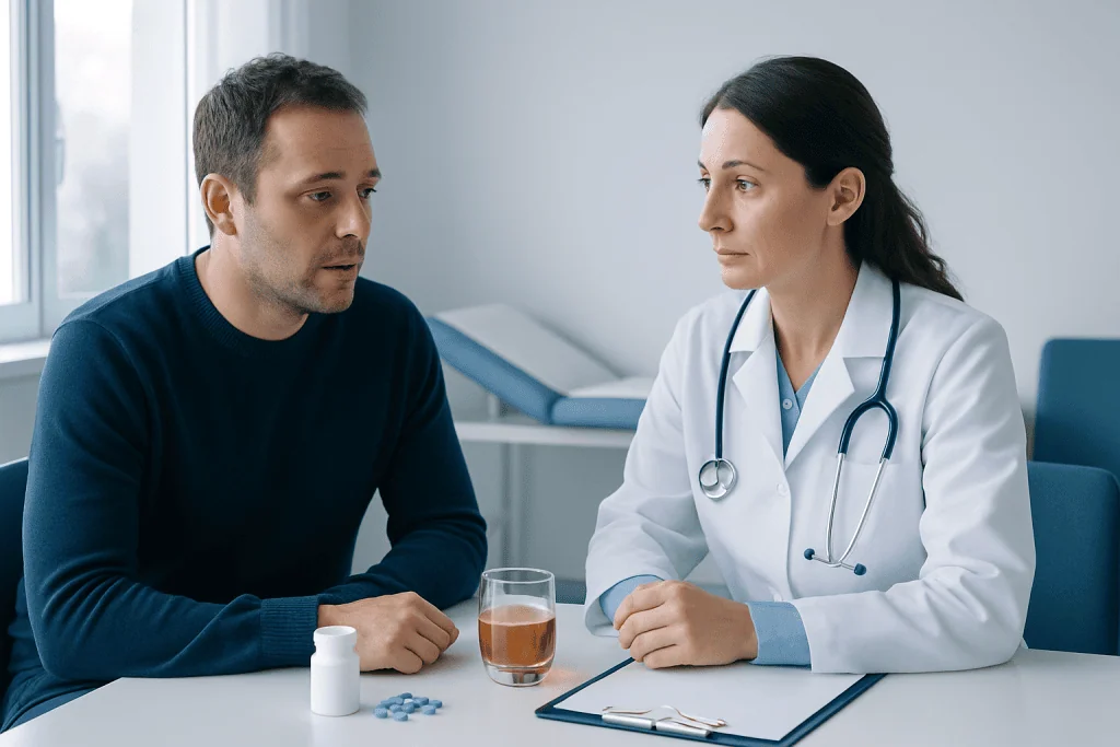 Doctor consulting with male patient in a medical office setting.